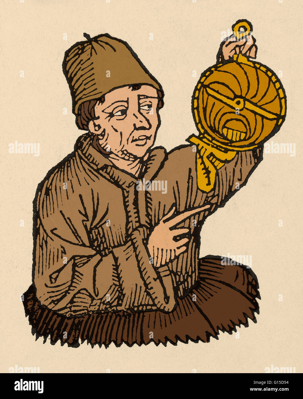 Portrait of Regiomontanus from Liber chronicarum mundi, Nuremberg (1493). Johannes Muller von Konigsberg (June 6, 1436 - July 6 1476) today best known as Regiomontanus, was a German mathematician, astronomer, astrologer, translator, instrument maker and C Stock Photo