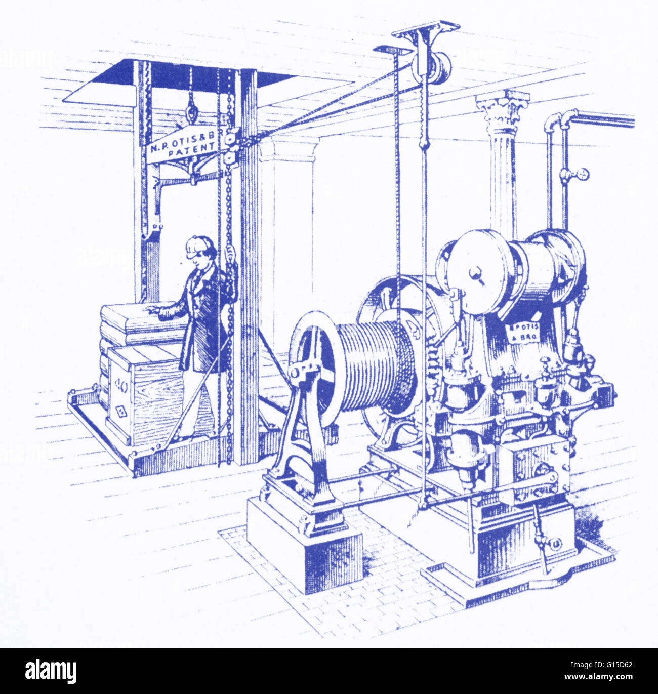 An illustration of a double oscillating steam engine, created by Elisha Graves Otis (1811-1861) as a 'power plant' exclusively for elevators. Otis, an American, invented a safety device that prevented elevators from falling if the hoisting cable broke. Stock Photo