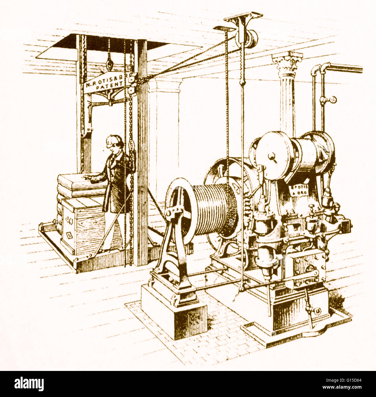 An illustration of a double oscillating steam engine, created by Elisha Graves Otis (1811-1861) as a 'power plant' exclusively for elevators. Otis, an American, invented a safety device that prevented elevators from falling if the hoisting cable broke. Stock Photo