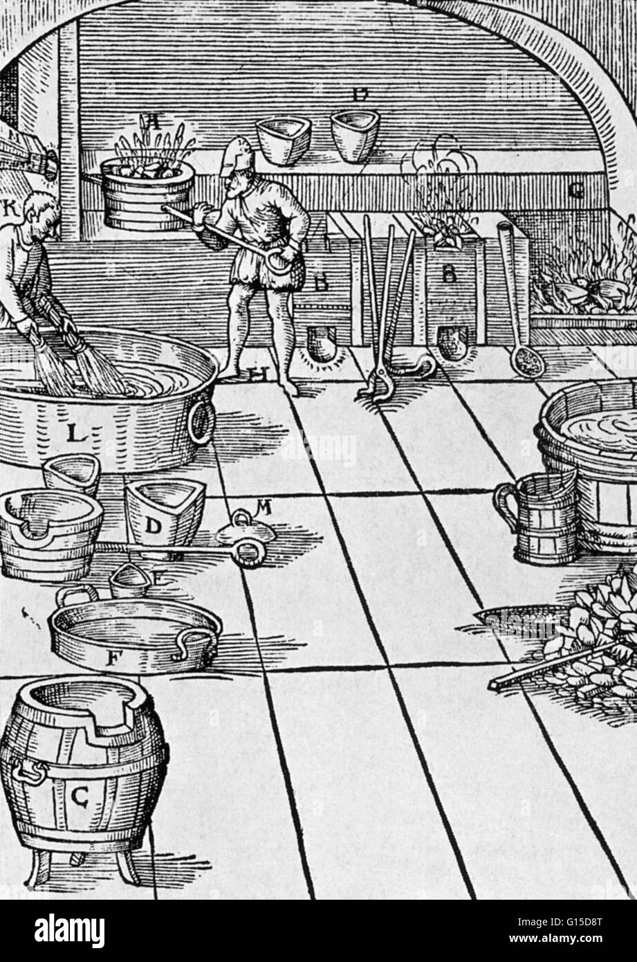 A woodcut showing workers purifying silver. For coins--the use to which most silver was put--the metal obtained by the cupellation of lead was not the best, because it contained too much undesirable material. It was necessary to purify it still further, b Stock Photo