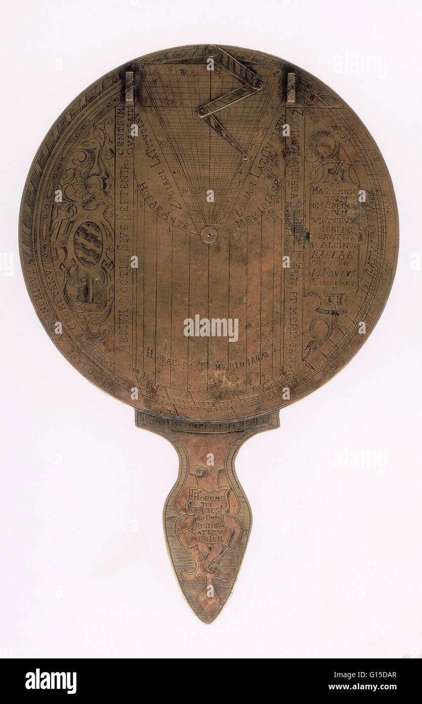 Altitude dial (regiomontanus type) and nocurlabe of Johannes Paulus Cimerlinus (1544 - 1585). Navigators calculated latitude and time at night with this instrument by sighting the North Star, Polaris, through the hole in the center and aligning it with ma Stock Photo