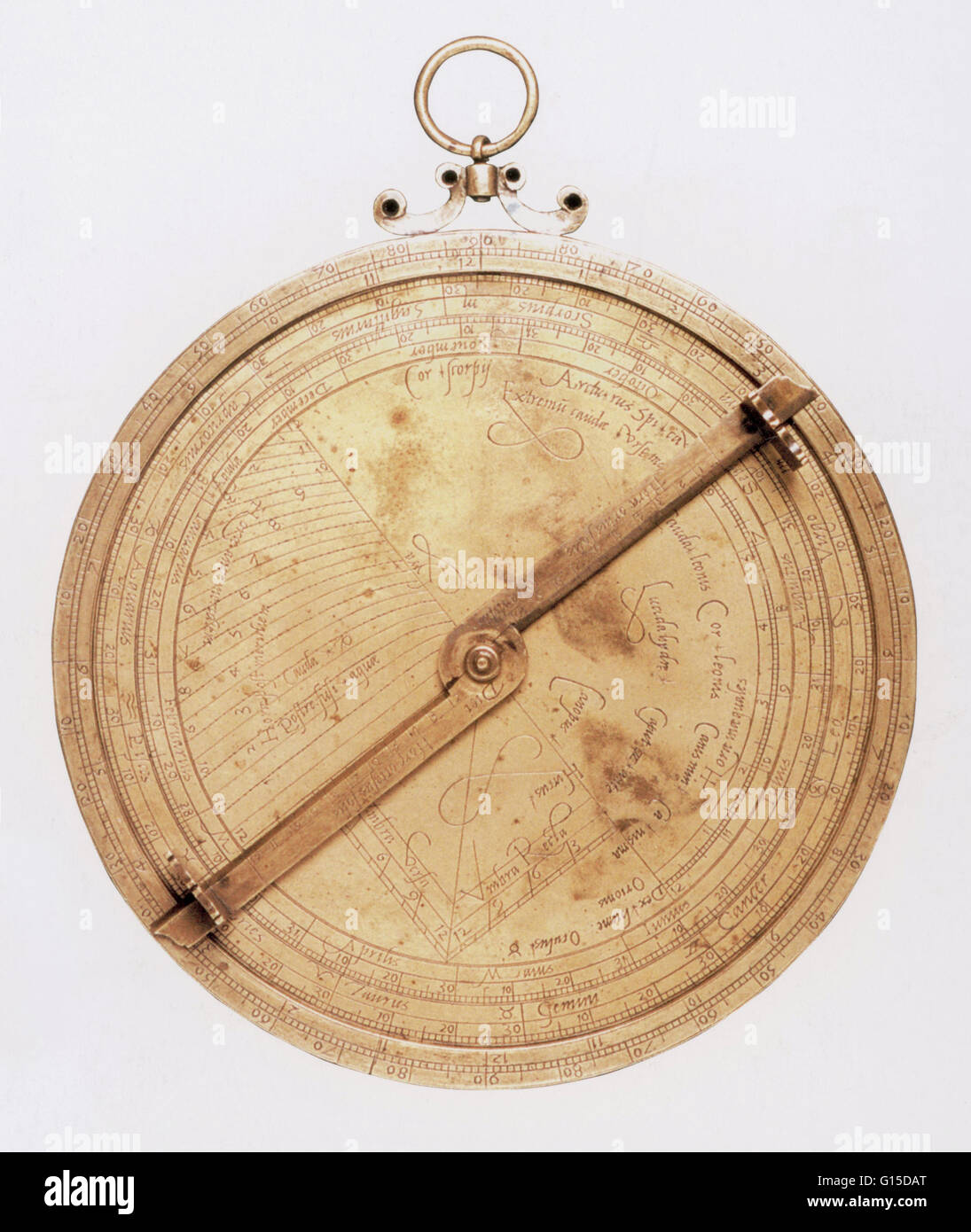 Astrolabe of Michel Piquer (1542-1580). The astrolabe is an early time-telling instrument used to calculate the positions of the sun and stars in the sky at a given moment and location. Developed in the Islamic world, the astrolabe was used to determine p Stock Photo