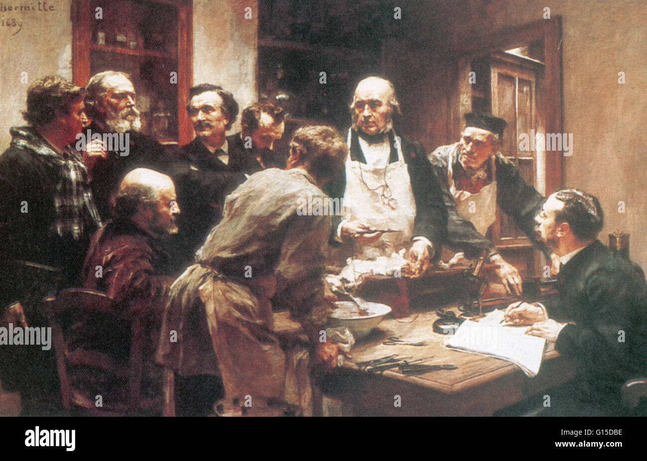 Claude Bernard demonstrates an experiment for the chemist Henri Sainte-Claire Deville (seated at left), in a prize winning painting by Leon Lhermitte (1889). Claude Bernard (1813-1878) was a French physiologist. Milieu interieur is the key process with wh Stock Photo