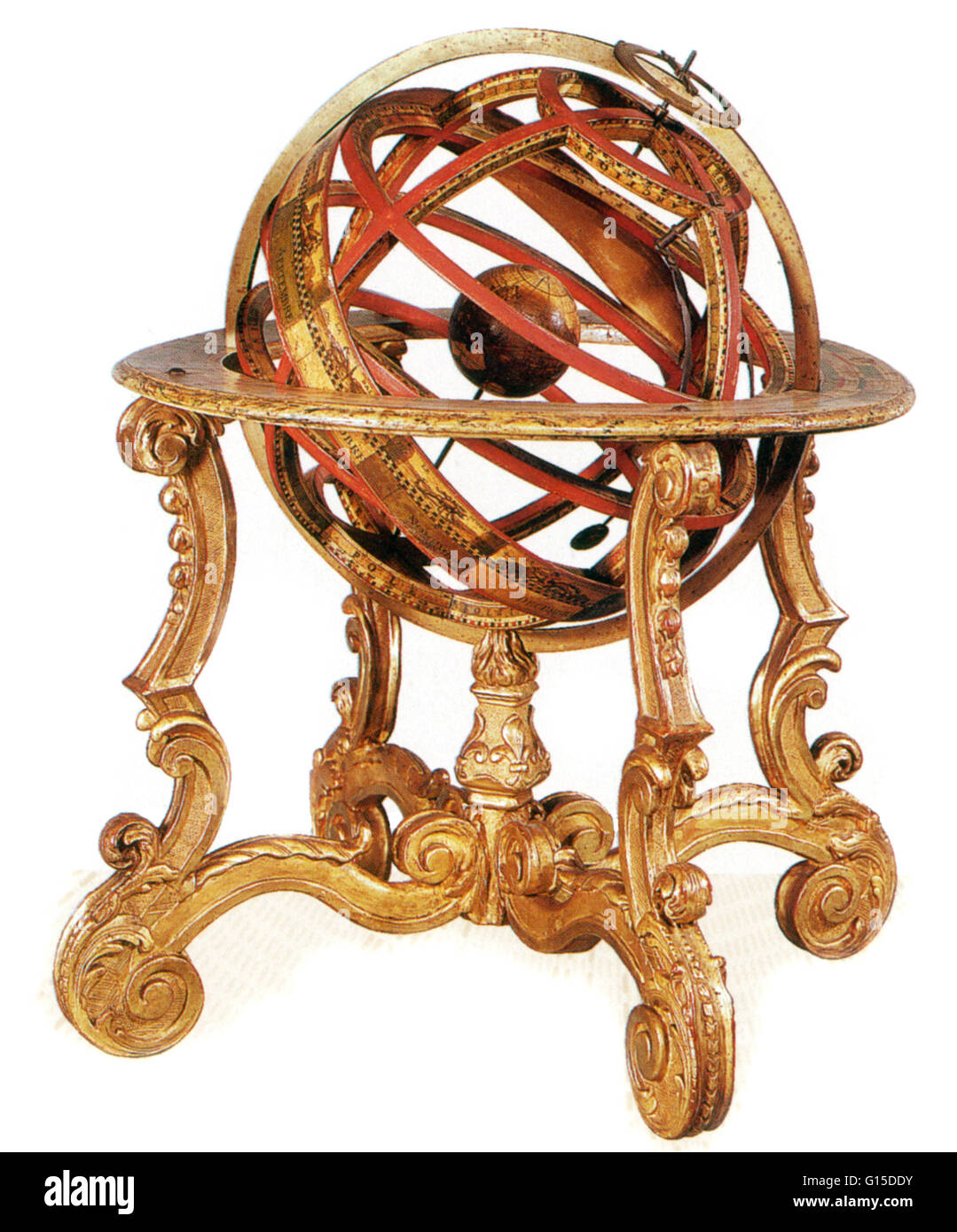 An armillary sphere (variations are known as spherical astrolabe, armilla, or armil) is a model of objects in the sky (in the celestial sphere), consisting of a spherical framework of rings, centered on Earth, that represent lines of celestial longitude a Stock Photo