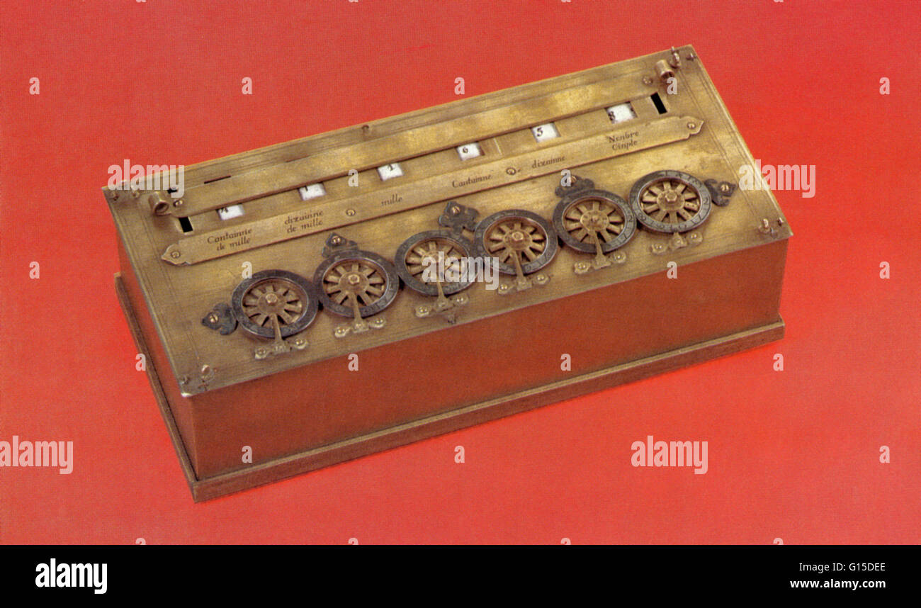 Mechanical calculator developed by the French mathematician Blaise Pascal (1623 - 1662). Stock Photo