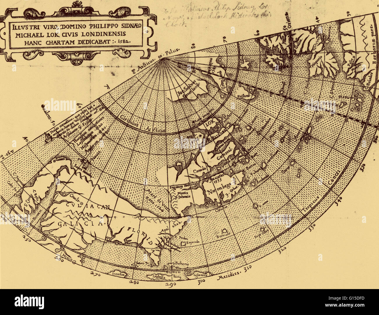 One of the last representations of the false 'Sea of Verrazano'. Land