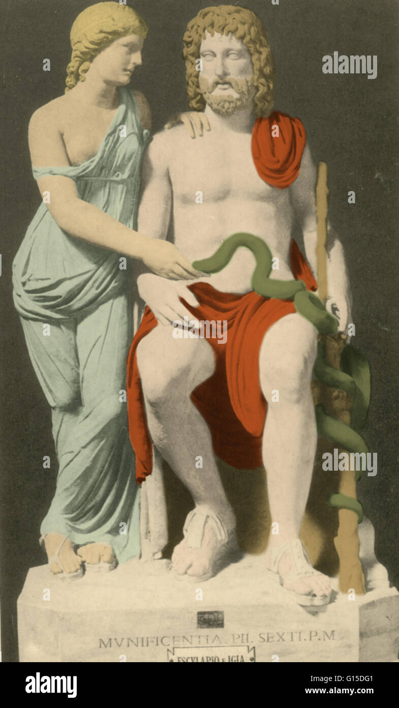 Asclepius (Aesculapius) is the God of Medicine and Healing in ancient Greek religion. Asclepius represents the healing aspect of the medical arts. The rod of Asclepius, a snake-entwined staff, remains a symbol of medicine today (not to be confused with th Stock Photo