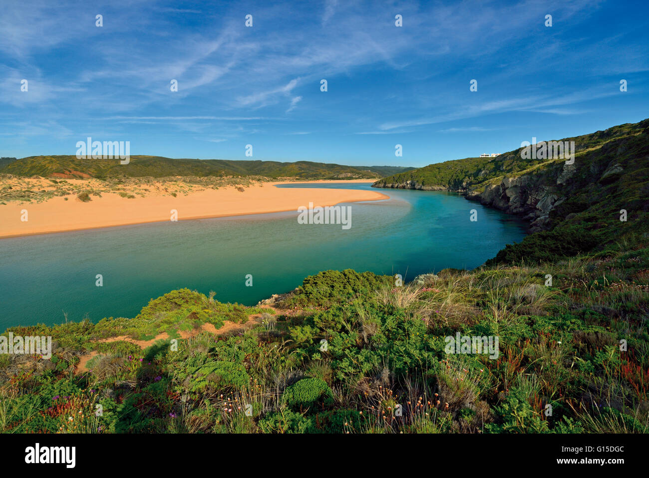 Portugal, Algarve: View to river running through beach Praia da Amoreira Stock Photo