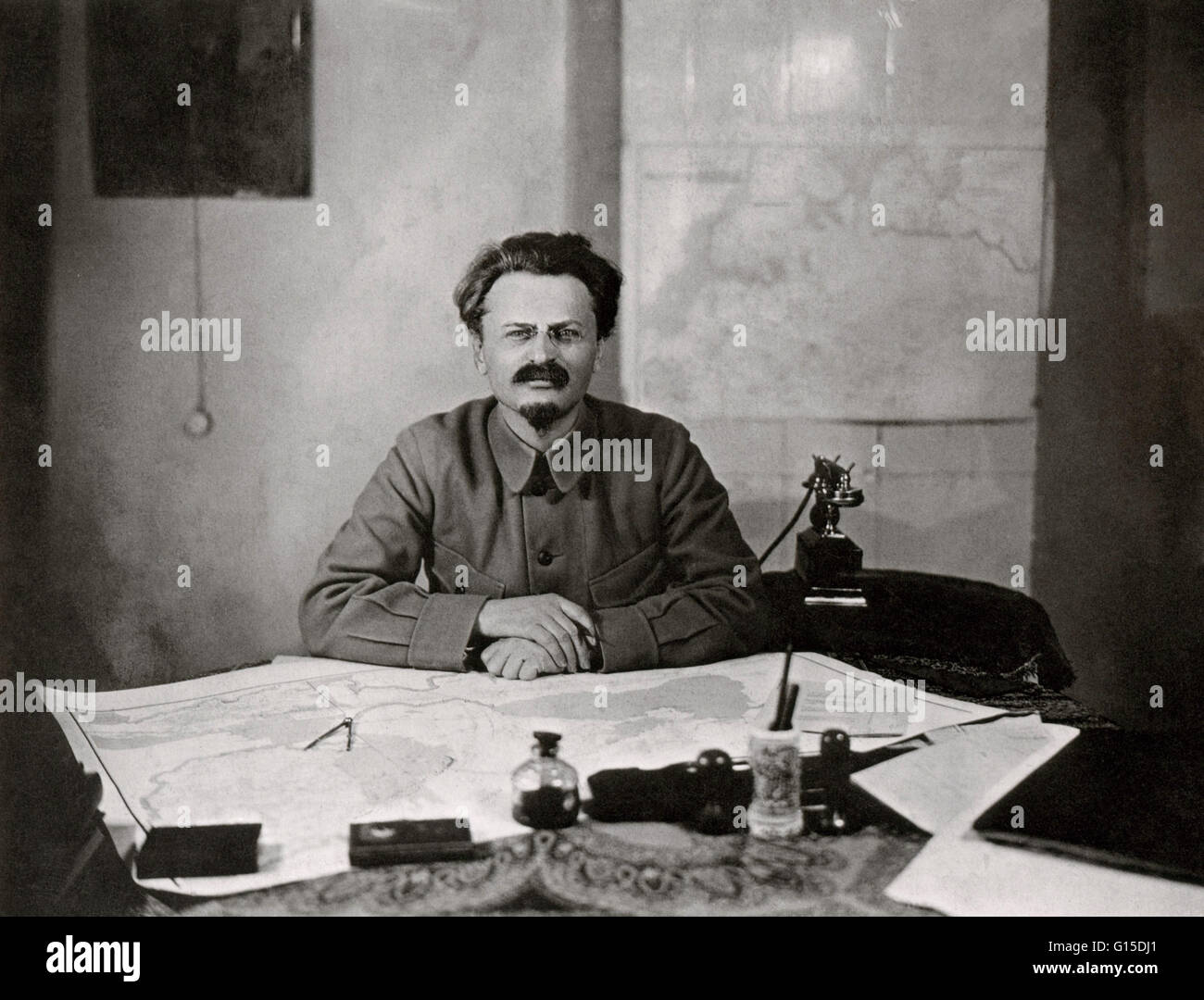 Undated photograph of Trotsky in his office as the Minister of War in Moscow. Leon Trotsky (November 7, 1879 - August 21, 1940) was a Russian Marxist revolutionary and theorist. He joined the Bolsheviks prior to the 1917 October Revolution and was a major Stock Photo
