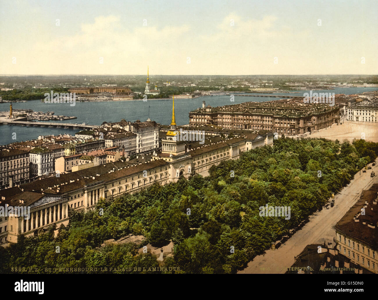 Photocrom postcard view of the Admiralty Palace, St. Petersburg, Russia, circa 1890-1900. Stock Photo