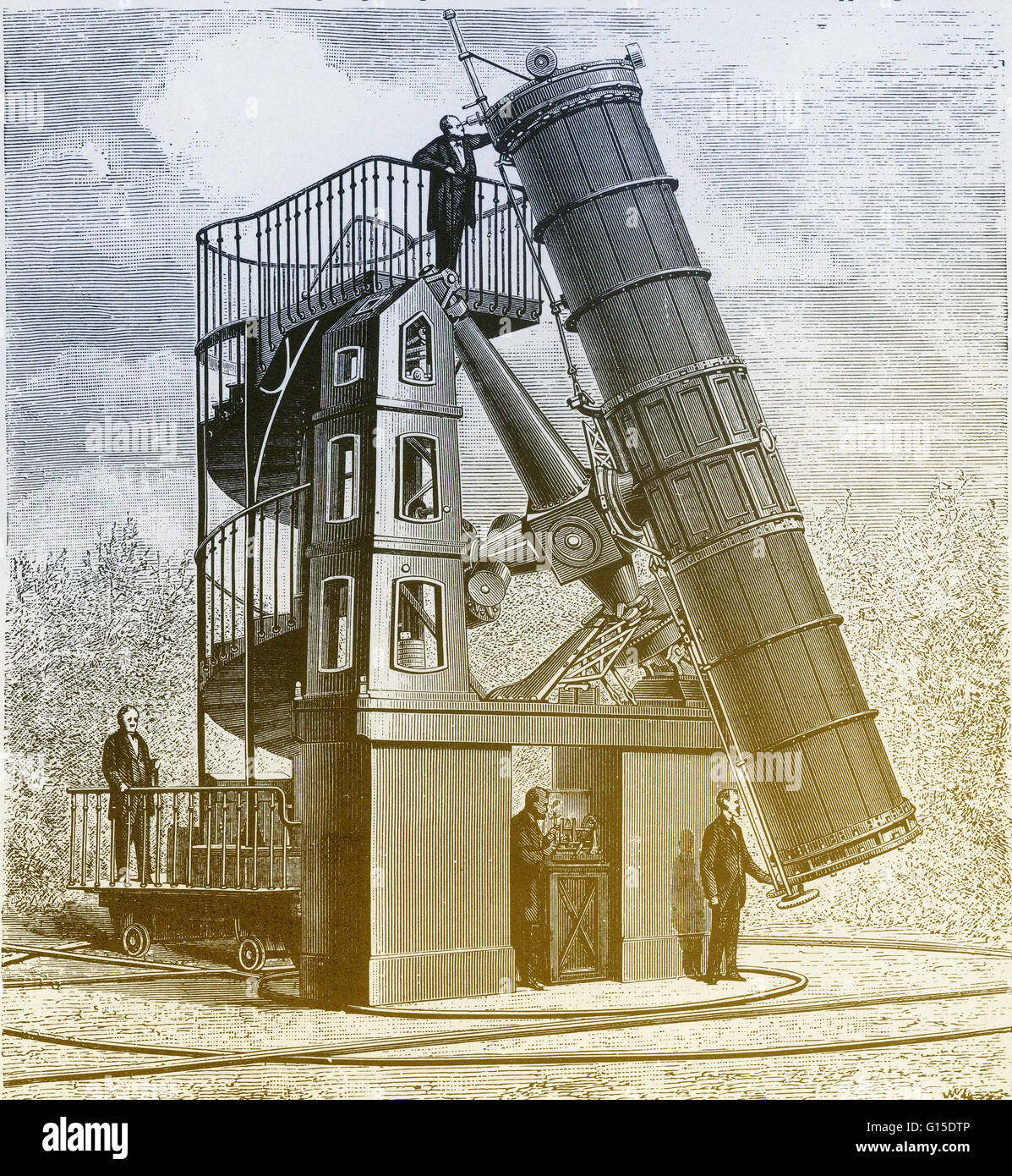 Paris telescope. Newtonian reflecting telescope installed at the Paris Observatory, France, during the 1860s. It had a 1.2 meter (48 inch) diameter mirror. This was the first large telescope mirror to be made of glass coated with silver deposited chemical Stock Photo