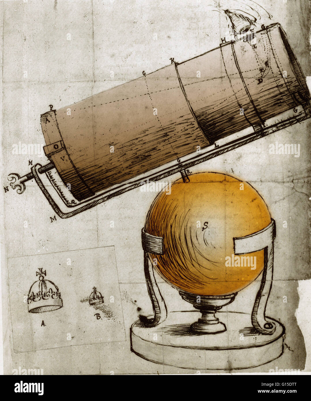 Reflecting telescope. Invented and drawn by Isaac Newton. Stock Photo