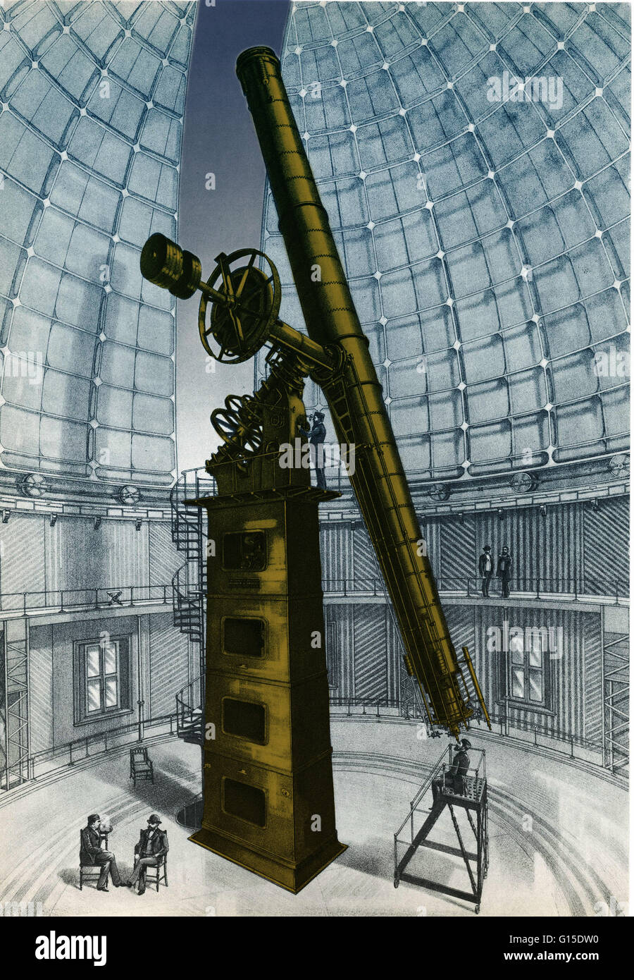 Telescope at the Lick Observatory, Mount Hamilton in California, USA. This 36 inch refractor telescope (also known as the Great Lick Refractor) was built at the same time as the Lick Observatory, between 1880 and 1888. 36 inches refers to the diameter of Stock Photo