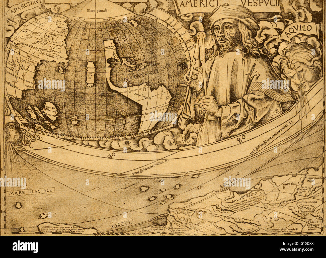 Vespucci gazes at New World in a panel of 1507 map by Martin Waldseemuller. Amerigo Vespucci (March 9, 1454 - February 22, 1512) was an Italian explorer, financier, navigator and cartographer. At the invitation of king Manuel I of Portugal, Vespucci parti Stock Photo
