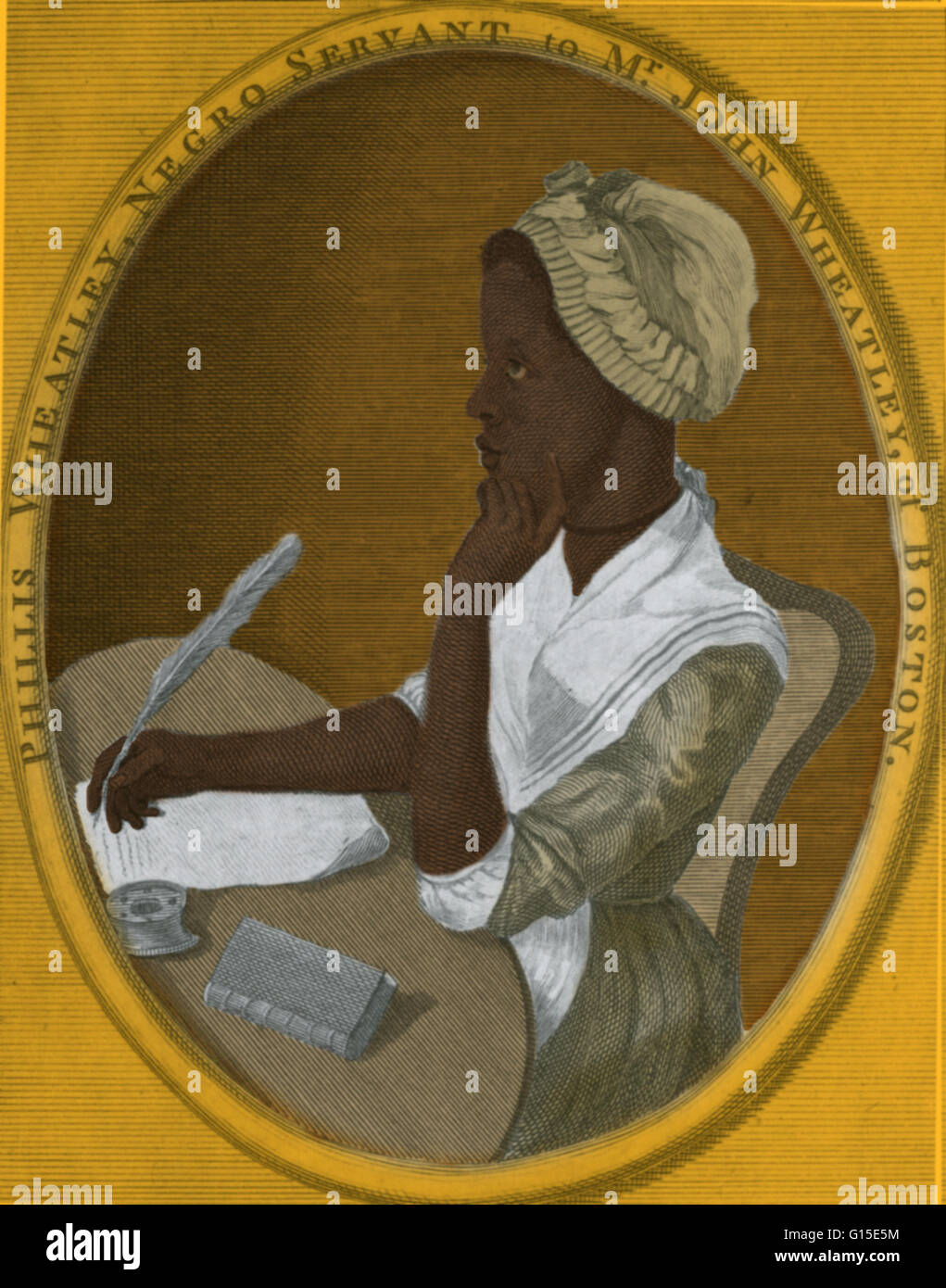 Engraving of Wheatley by Scipio Moorhead in the Frontispiece to her book of poetry. Phillis Wheatley (1753 - December 5, 1784) was the first female African-American published poet. Born in Senegal she was sold into slavery at the age of 12 and transported Stock Photo