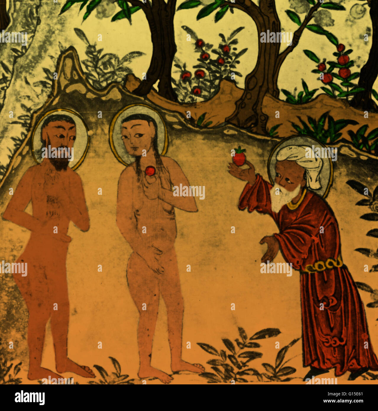 Angra Mainyu (Ahiriman), Islamic miniature, as an old man who offers the fatal fruit to the first human beings. The Zoroastrians borrowed the story of Adam and Eve from the Bible. Stock Photo