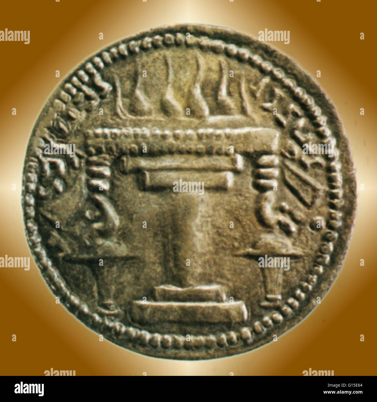 A zoroastrian fire alter on the reverse side of a Sasanian coin from the reign of King Ardashir I, AD 224-242. Stock Photo
