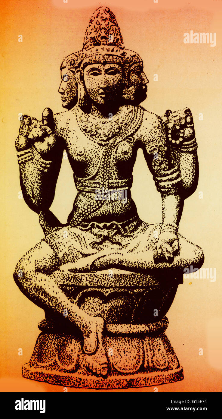 Brahma is the Hindu god (deva) of creation and one of the Trimurti, the others being Vishnu and Shiva. According to the Brahma Purana, he is the father of Manu, and from Manu all human beings are descended. In the Ramayana and the Mahabharata, he is often Stock Photo