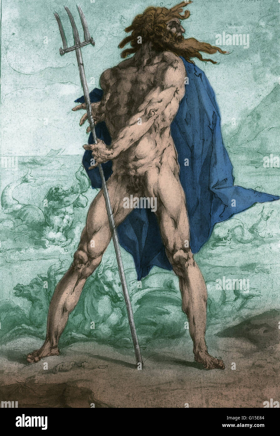 A drawing by Jan Harmensz Muller (1571-1628) of Neptune with his trident and horses. Neptune was the Roman god of freshwater and the sea in Roman religion. He is the counterpart of the Greek god Poseidon. In the Greco-Roman mythology, he was the brother o Stock Photo