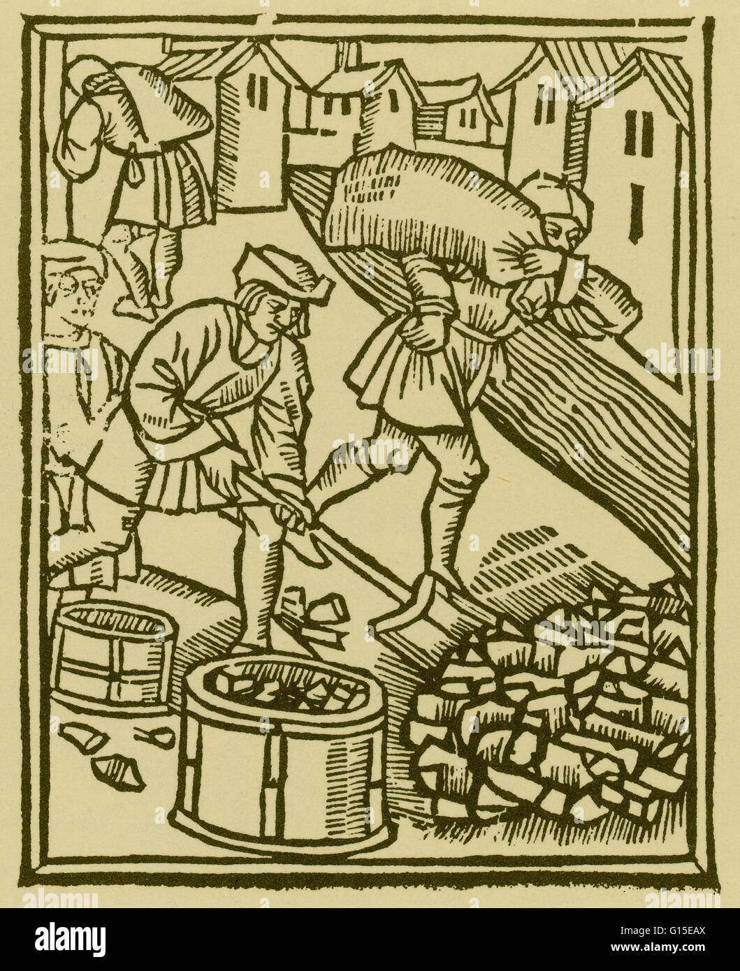 Scenes of a trade: charcoal burners. Woodcut, 1500/01. From Les Ordonnances de Paris. A Charcoal Burner's job was a humble one, but one that in pre industrial society was extremely important none the less. For centuries many trades depended on charcoal as Stock Photo