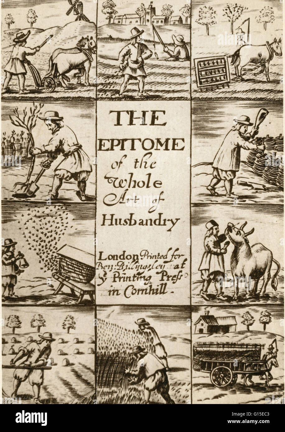 Title page from 'The Epitome of the whole art of husbandry' by Joseph Blograve, 1675. Animal husbandry is the agricultural practice of breeding and raising livestock. Stock Photo