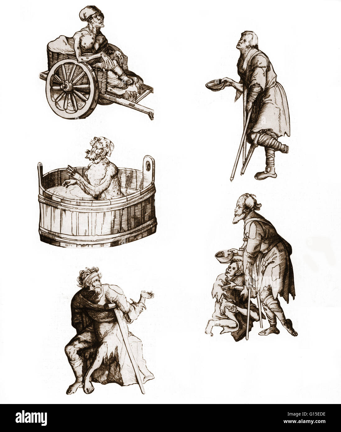 Woodcut showing people afflicted with leprosy, from 'The Saints of the Hapsburg Family,' 1518. Stock Photo