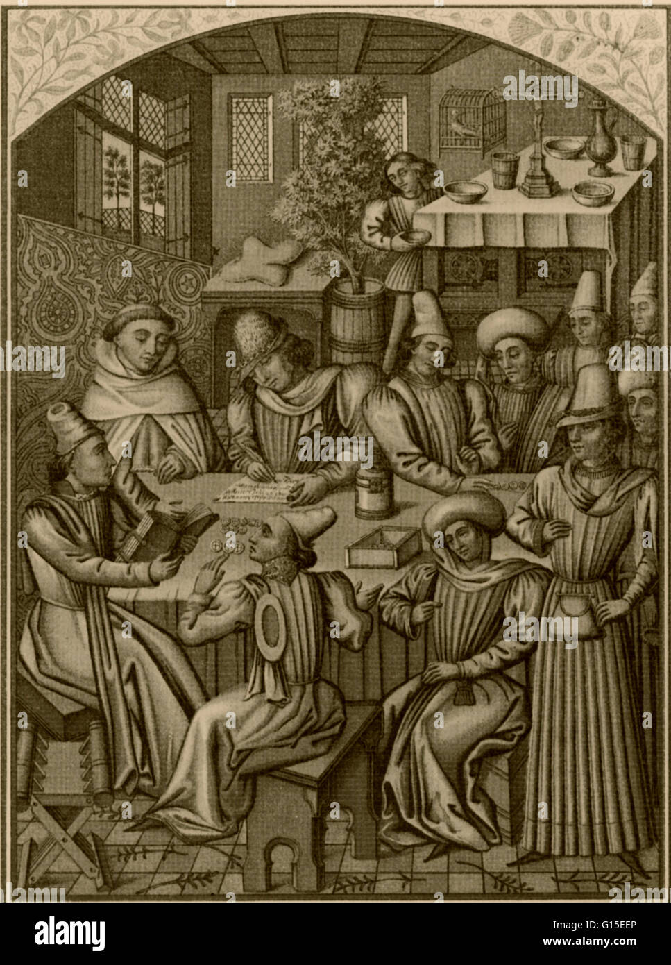 The settlement of year end accounts by a Rouen charity in 1466. Methodical adjustment of credit and cash emerged as a vital part of financial techniques in 14th and 15th century Europe. Stock Photo