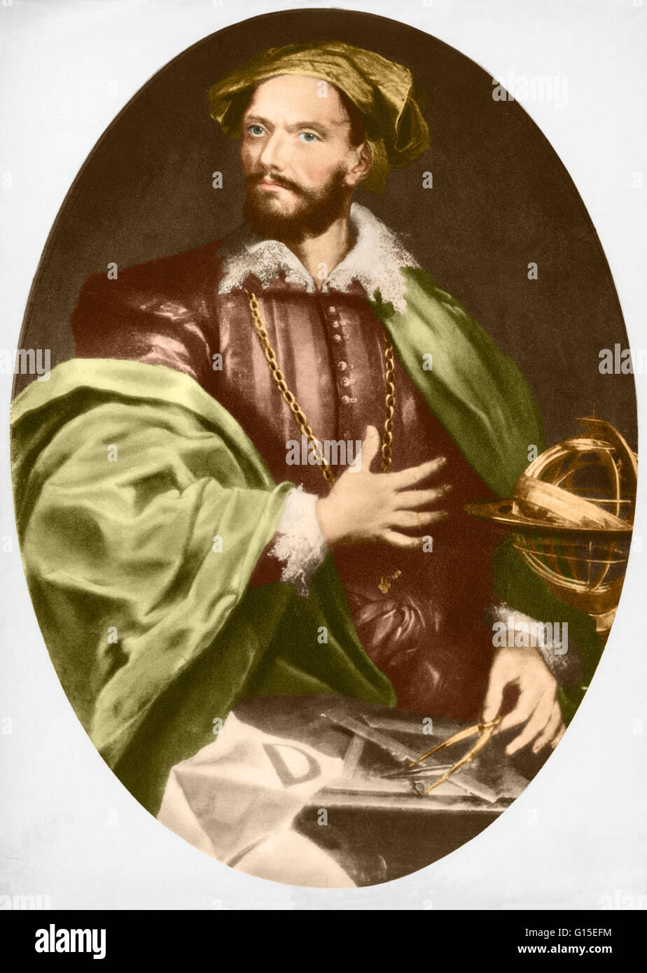 Color enhanced engraving of Jacques Cartier (1491-1557), a French explorer who is popularly credited with discovering much of Canada, including the Saint Lawrence River, the Magdalene Islands and the Prince Edward Islands. Stock Photo