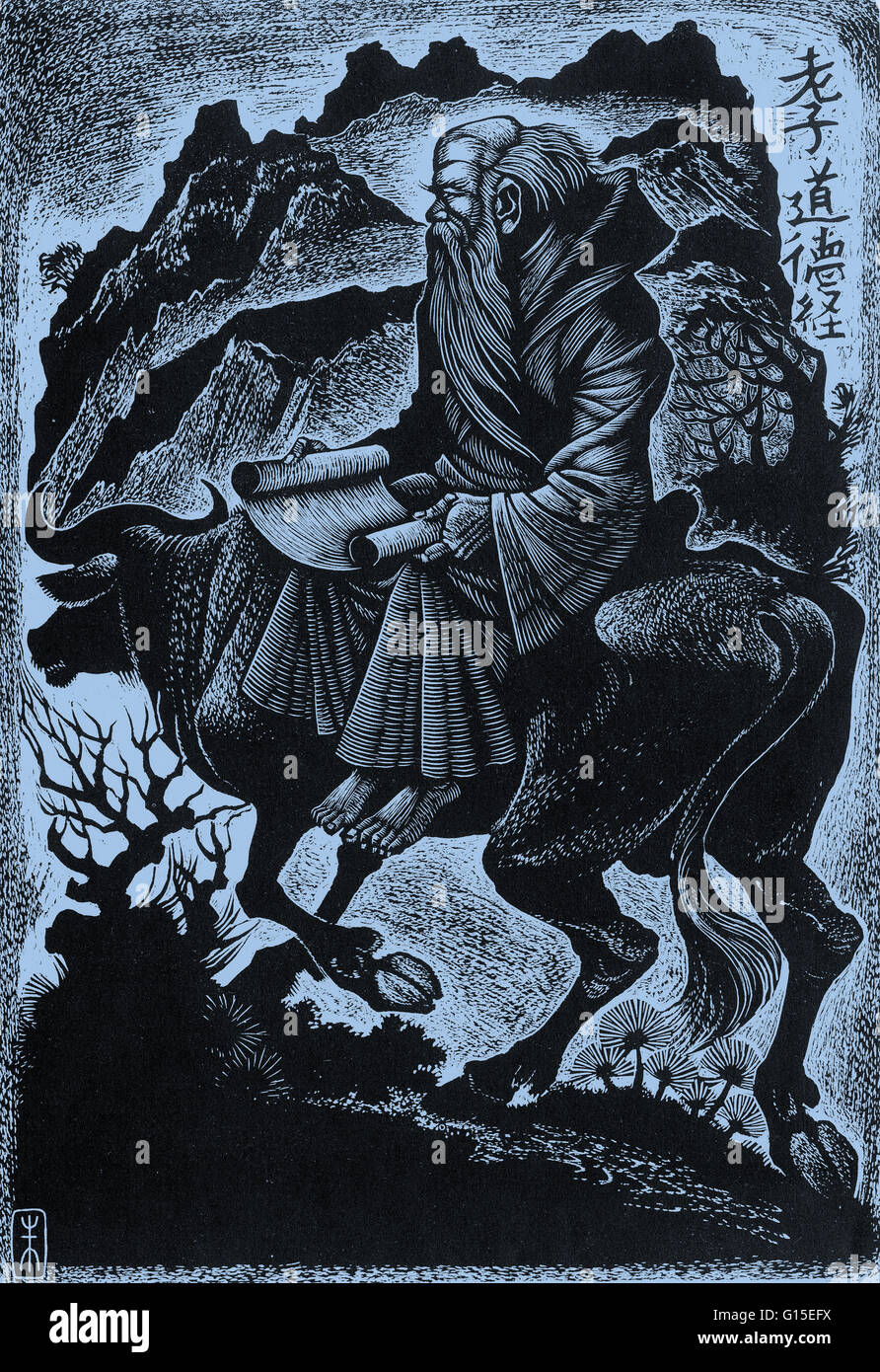 Laozi, wood engraving by Fritz Eichenberg, 1966. Laozi was a philosopher of ancient China, best known as the author of the Tao Te Ching He is considered the founder of philosophical Taoism and is revered as a deity in most religious forms of Taoist philos Stock Photo