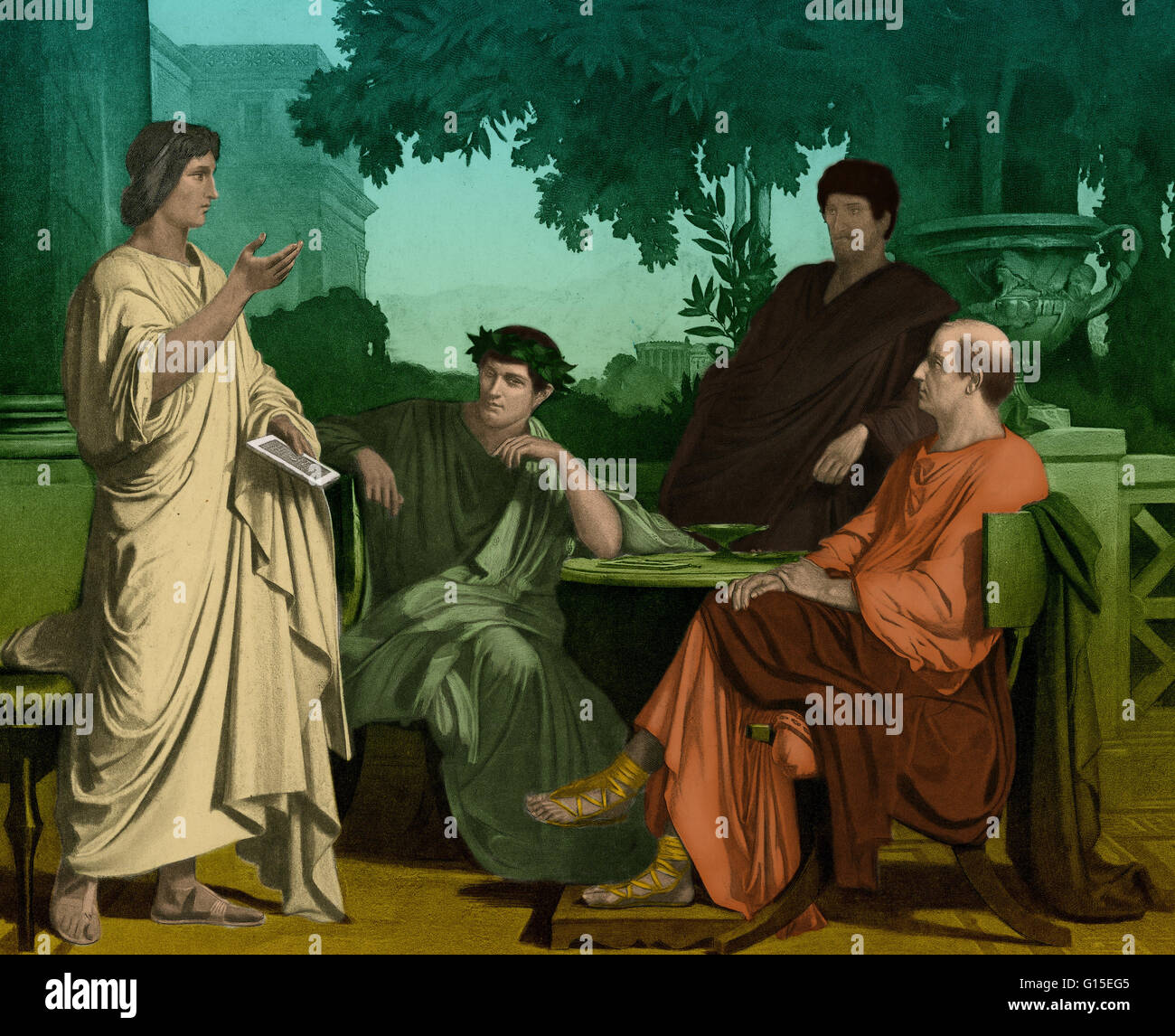 Virgil, Horace and Varius at the house of Maecenas. Gaius Cilnius Maecenas (70 BC-8 BC) was an ally, friend and political advisor to Octavian as well as an important patron for the new generation of Augustan poets. During the reign of Augustus, Maecenas s Stock Photo