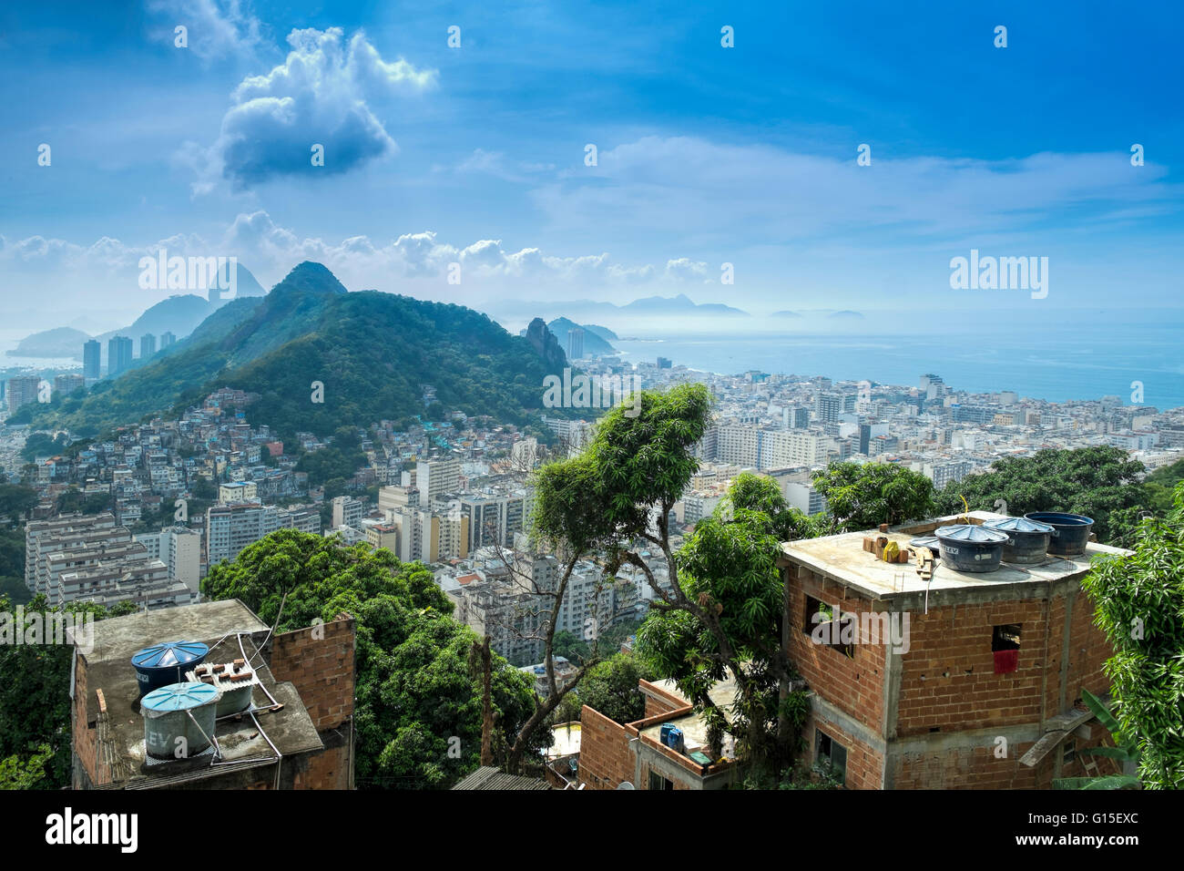 Rio de Janeiro from Cabritos favela in Copacabana, Moro Sao Joao and Sugar Loaf in the foreground, Rio de Janeiro, Brazil Stock Photo