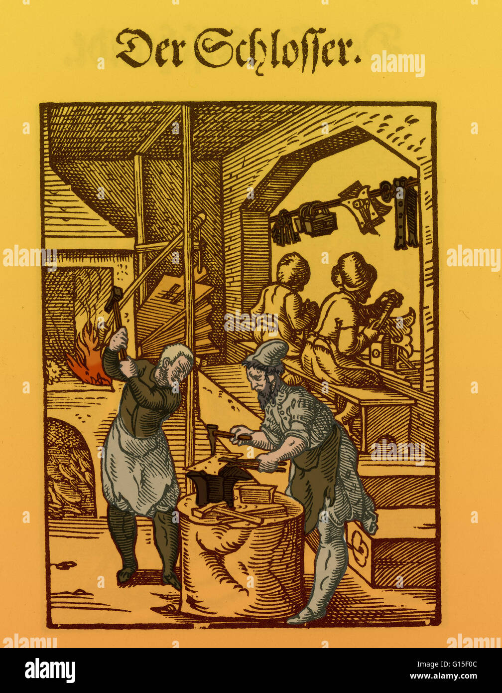 The Locksmith. Woodcut reproduced from Jost Amman's 'Eygentliche Beschreibung aller Stande auff Erden', or 'Exact Description of all Ranks on Earth'. Frankfurt, 1568. Amman documented contemporary life in the 1500s. His book is known as the Ständebuch (Bo Stock Photo