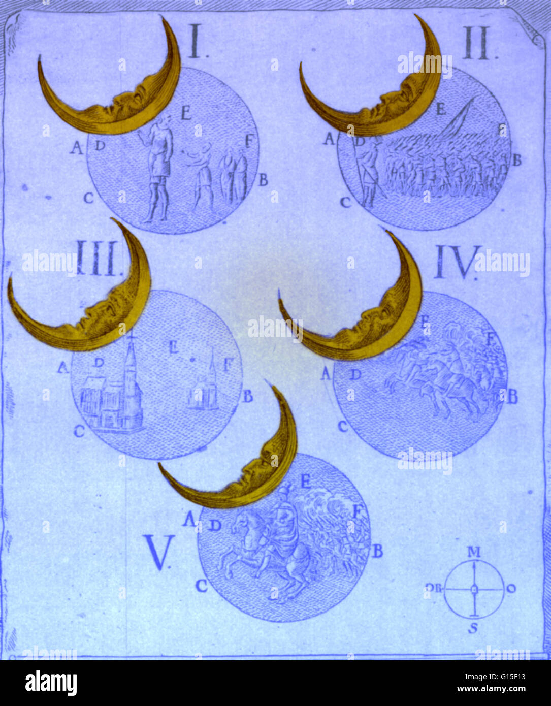 This illustration shows a campaign planned in accordance with the phases of an eclipse. Military textbooks written at any time between 400 BC and AD1700 often contain material on the need to consult soothsayers and astrologers as to whether an action is a Stock Photo