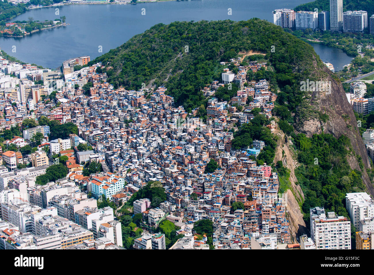 Aerial view of Cantagalo (PavaoPavaozinho) favela and Ipanema suburb