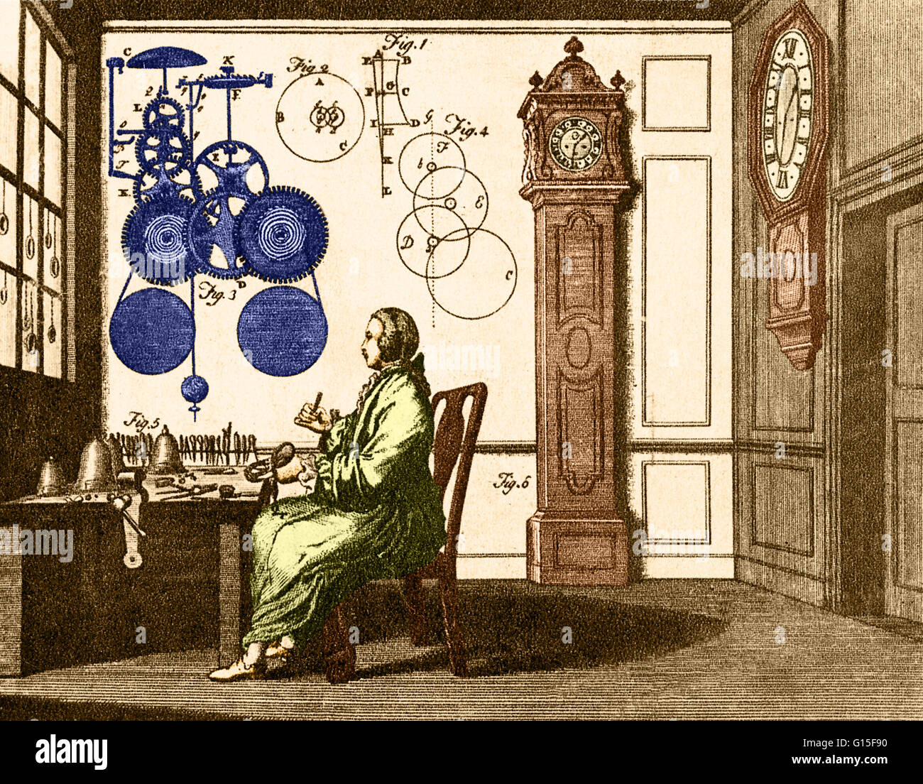Color enhanced historical illustration showing the art of making clocks ...