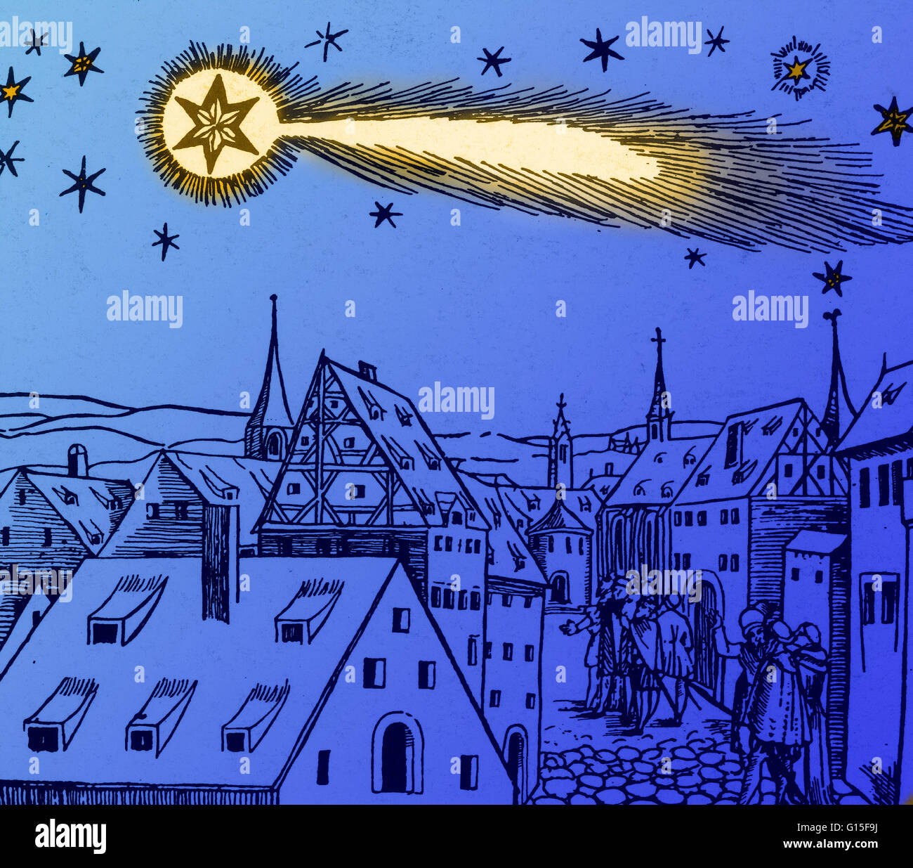 Comets universally foretold disasters and misfortune until the start of the scientific revolution. For example, public fears linked the Great Comet of 1556, shown in a woodcut from a German pamphlet, with earthquakes in that same year. Another century and Stock Photo
