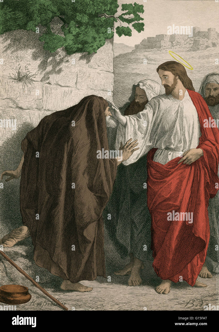 Christ Healing the sick (sight to the blind). The Christian Gospels report that Jesus had the ability to perform miracles. Among these feats, Jesus gave sight to the blind. This miracle is mentioned in all four of the canonized Christian Gospels. Stock Photo