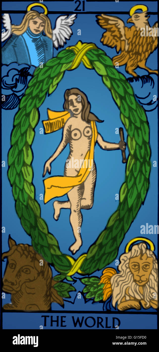 The World Tarot card. When displayed upright indicates: completion, perfection, recognition, honors, the end result, success, fulfillment, triumph, eternal life. When displayed in reverse indicates: imperfection, lack of vision, disappointment. Stock Photo