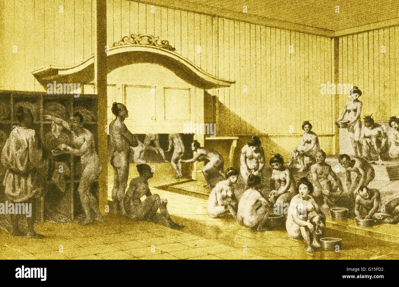 Two accredited artists accompanied Perry to Japan and their sketches were published in his official report to Congress. This one shows Japanese men and women bathing together, caused a Congressional furor and was later suppressed. According to Perry, the Stock Photo