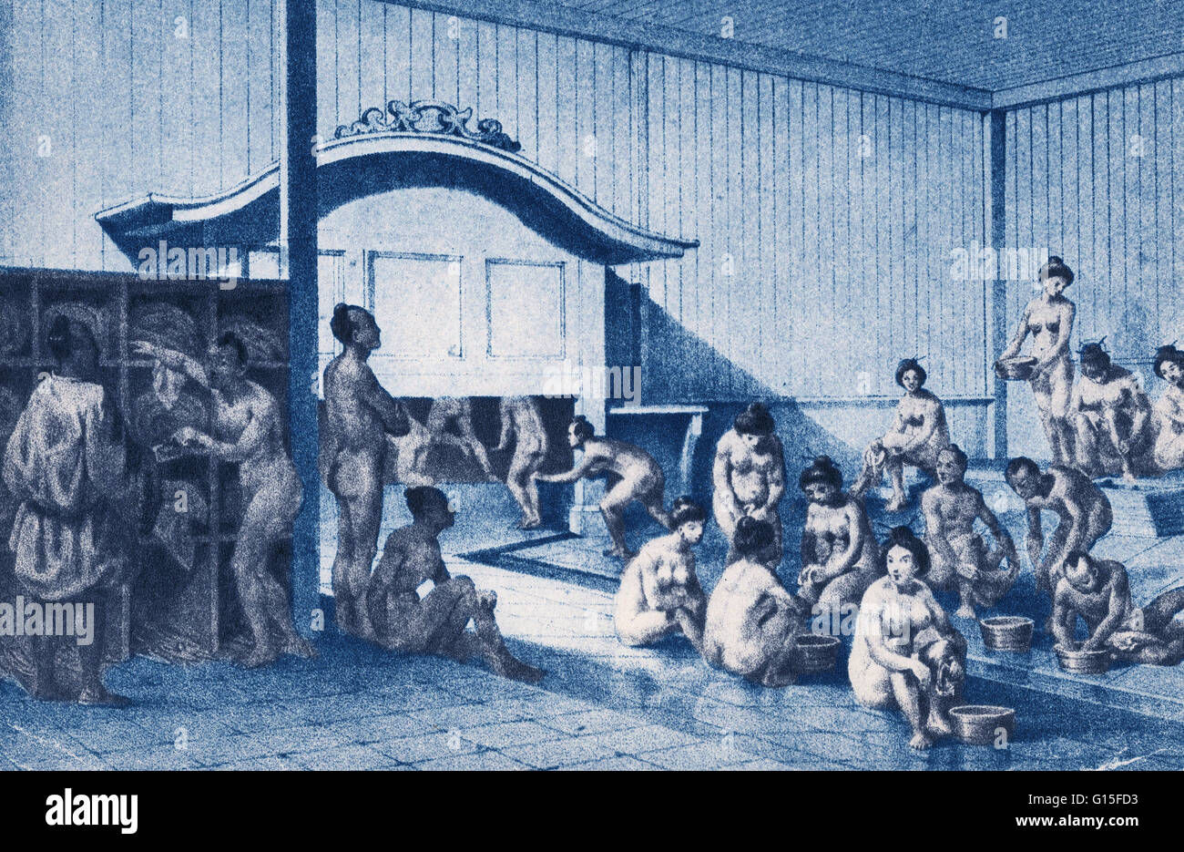 Two accredited artists accompanied Perry to Japan and their sketches were published in his official report to Congress. This one shows Japanese men and women bathing together, caused a Congressional furor and was later suppressed. According to Perry, the Stock Photo