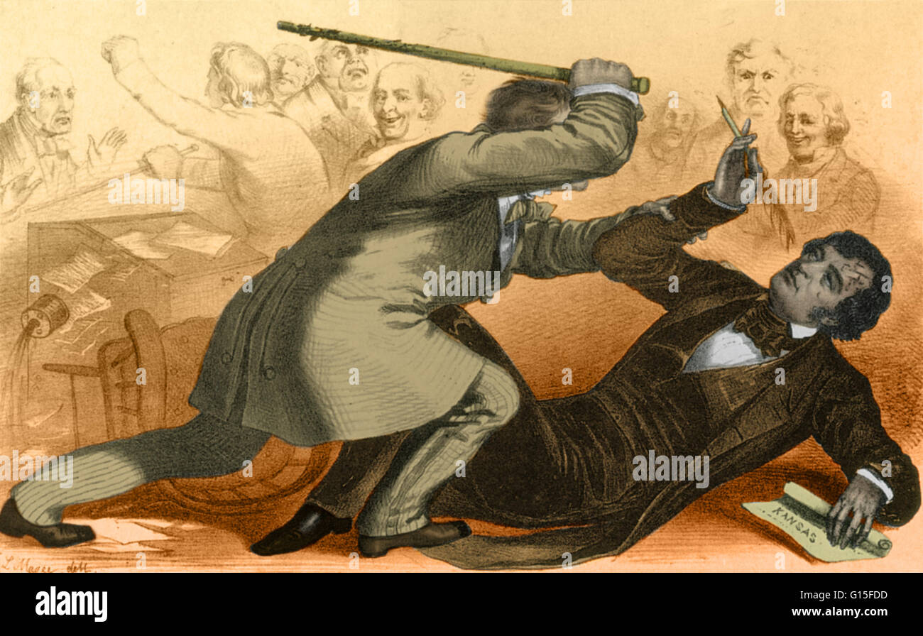 American History, 1856. Senator Charles Sumner under attack by the nephew of Senator Andrew Butler of South Carolina in retaliation for a speech initial of Butler. May 22, 1856. Stock Photo