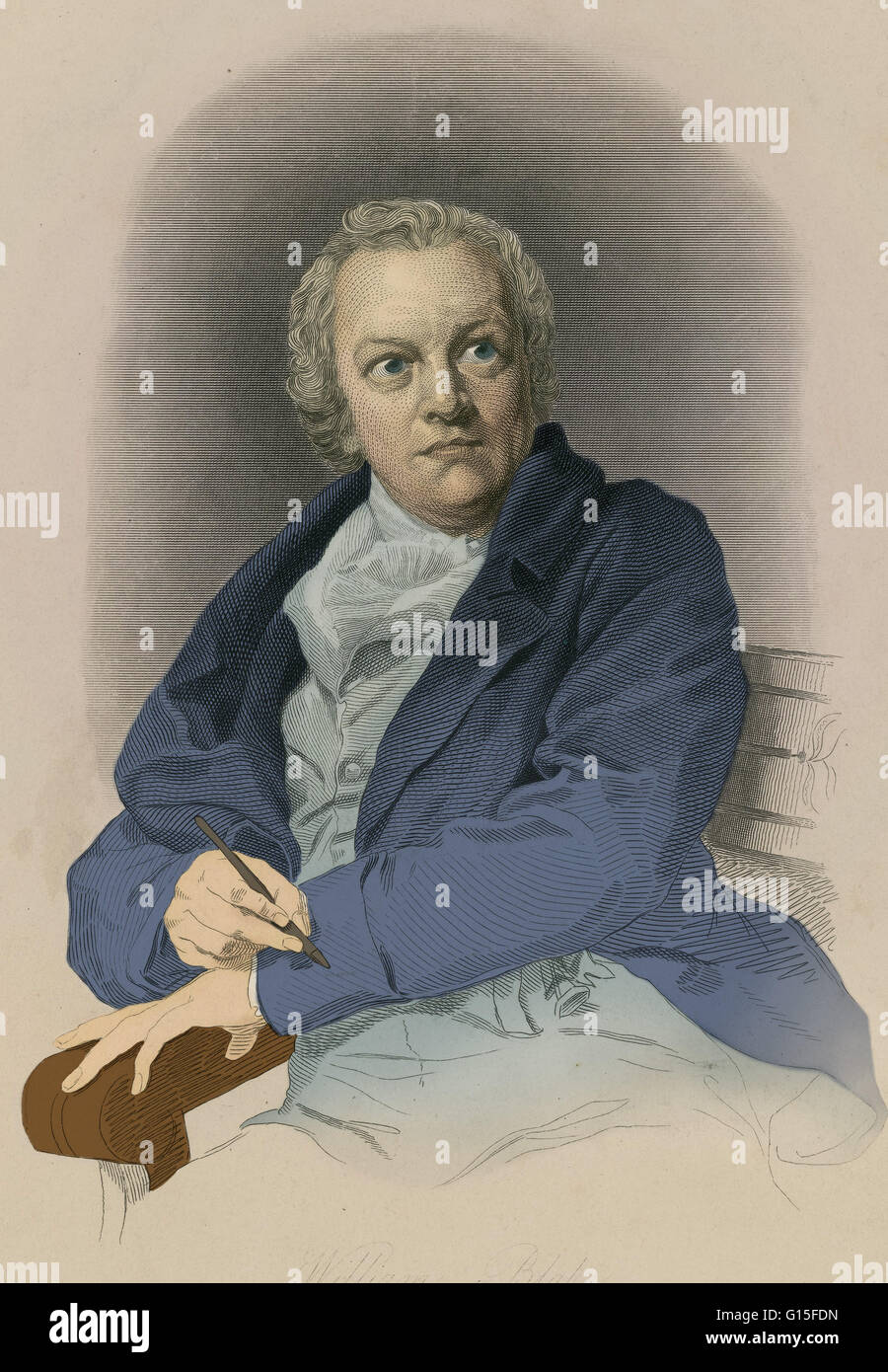 William Blake (1757-1827) was an English poet, painter, and printmaker. Blake is considered a seminal figure in the history of both the poetry and visual arts of the Romantic Age. His prophetic poetry has been said to form 'what is in proportion to its me Stock Photo
