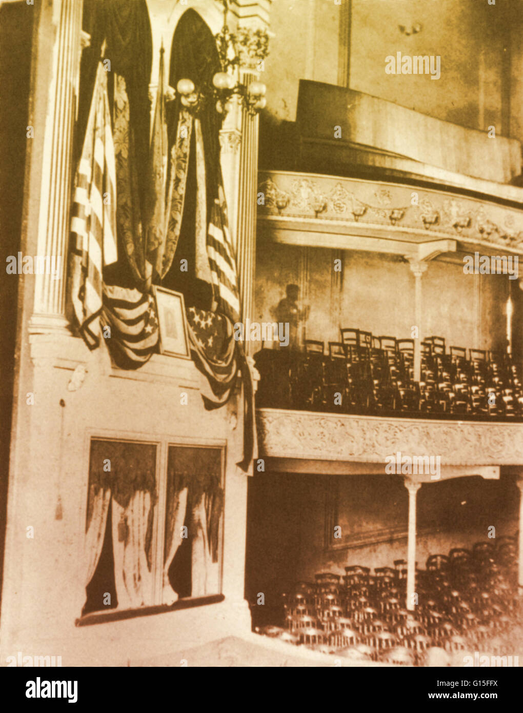 A single soldier stands guard over the empty theatre in which Lincoln was killed. This photograph, taken the day after the murder, were recently presented to the Illinois State Historical Library by Gideon Stanton, grandson of LIncoln's secretary of war. Stock Photo
