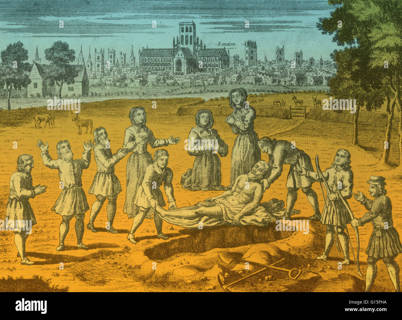 During the plague in London, burials of the dead took place outside of city walls. It was customary for such obsequies to be attended by armed law enforcement officials. This contemporary print shows the last rites of William Wiseman, a plague victim, wit Stock Photo