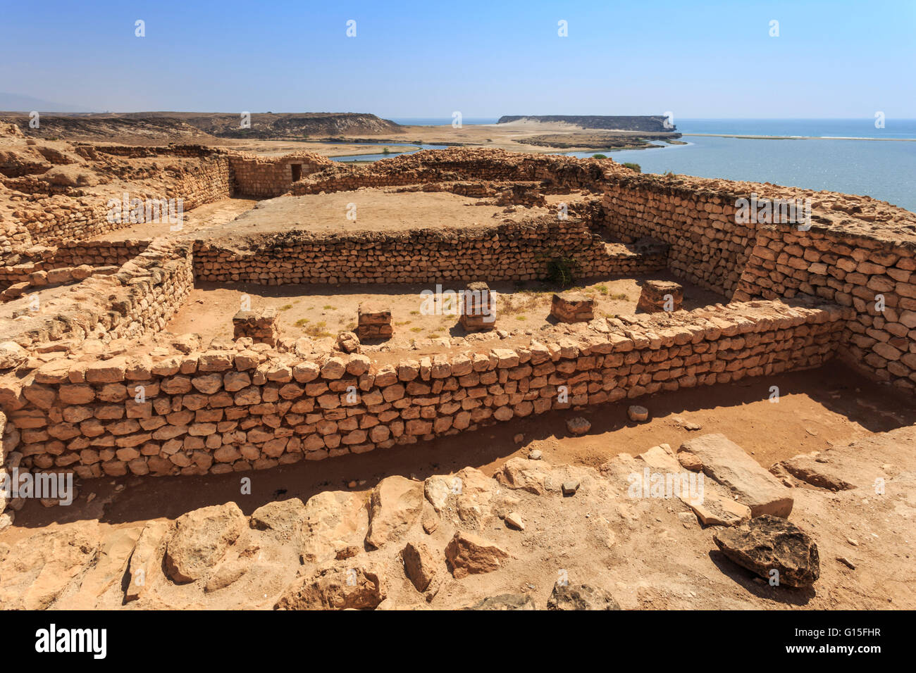 Sumhuram ruins overlooking Khor Rori (Rouri), Land of Frankincense UNESCO World Heritage Site, near Salalah, Dhofar Region, Oman Stock Photo