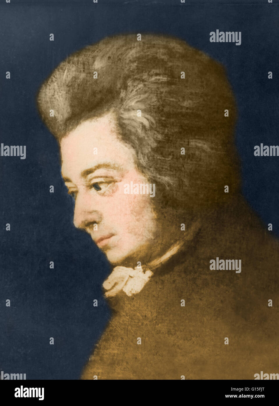 Wolfgang Amadeus Mozart; portrait by Joseph Lange, (1783). The original hangs in the Mozarteum. Wolfgang Amadeus Mozart (January 27, 1756 - December 5, 1791) was a prolific and influential composer of the Classical era. He composed over 600 works, many ac Stock Photo