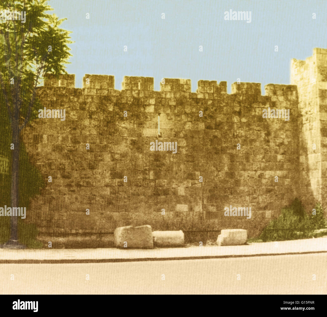 The Siege of Jerusalem took place from June 7 to July 15, 1099 during the First Crusade. The Crusaders stormed and captured the city from Fatimid Egypt. This photograph show the city walls at the point where they were breeched by the crusaders on July 15t Stock Photo