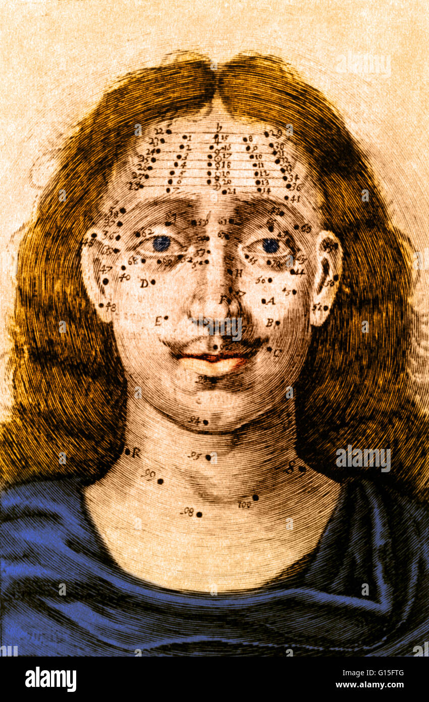 Illustration depicting the relationship between the location of moles on a person's face and their divination or meaning for that person's destiny. Stock Photo