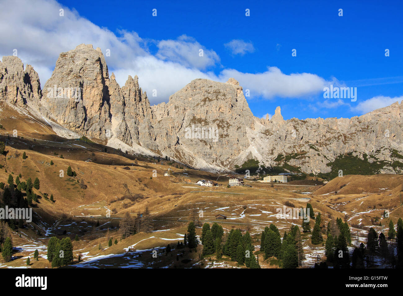 Blue sky on the rocky peaks and typical autumn landscape at Gardena Pass, South Tyrol, Trentino-Alto Adige, Italy, Europe Stock Photo