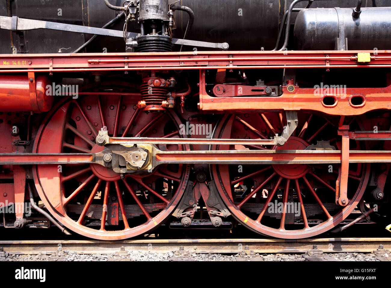 DEU, Germnay, Ruhr area, Bochum, railway museum in the district Dahlhausen, wheels of a steam engine. Stock Photo